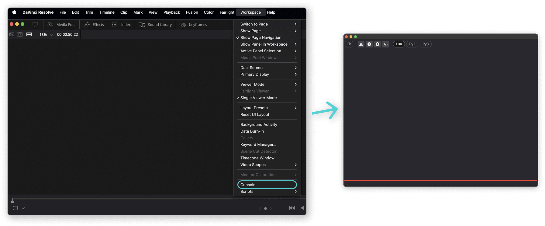 DaVinci Resolve menu path to open the Console