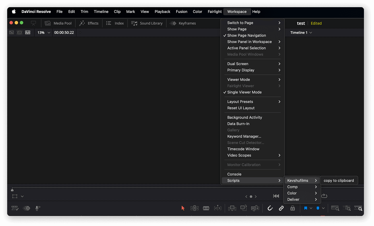 DaVinci Resolve scripts menu showing copy to clipboard